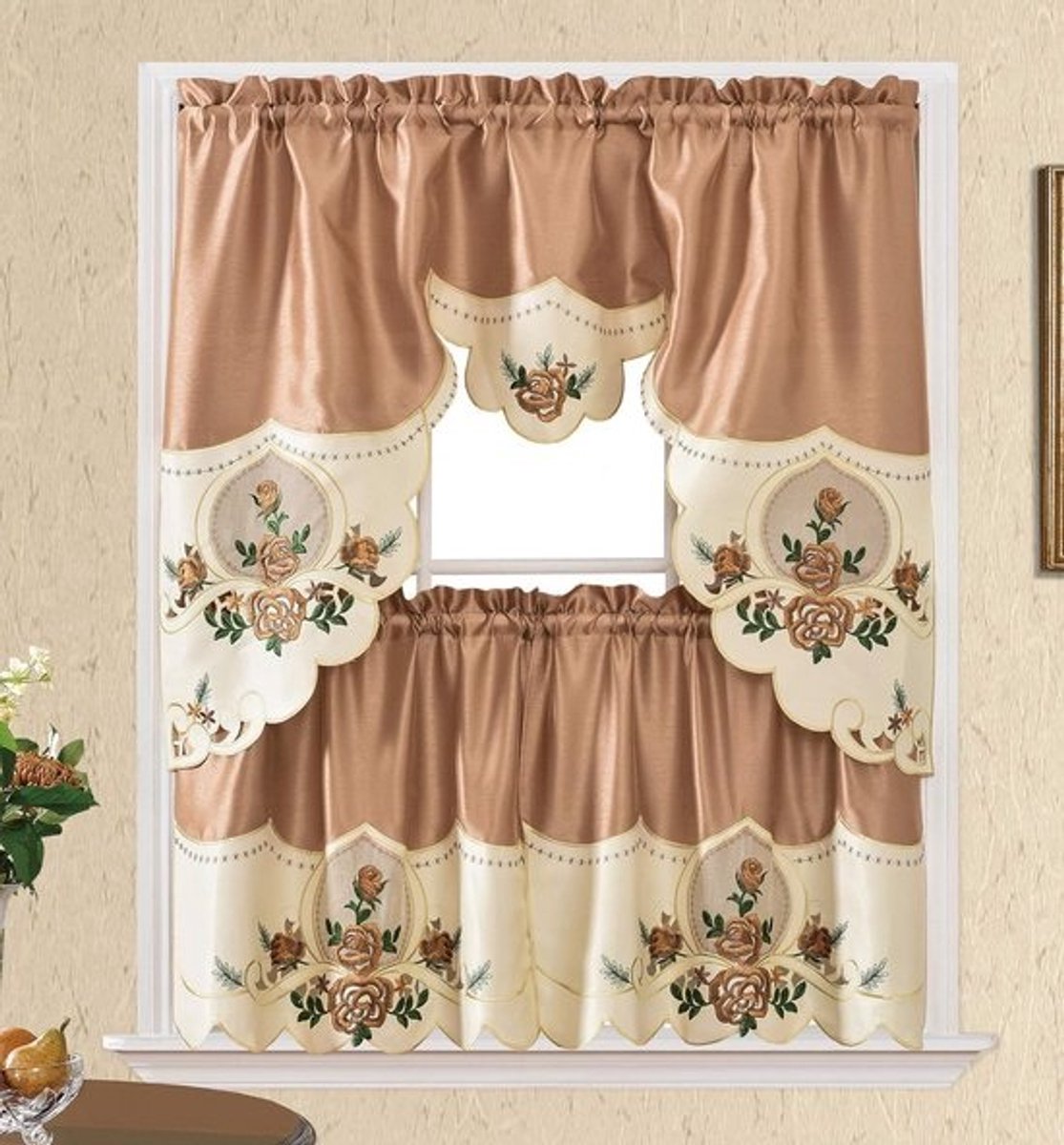 Cafe Gordijnen Set 3 Delig voor Keukendeur of Klein Raam - Inclusief Swag en 2x Ondergordijnen (60cm)