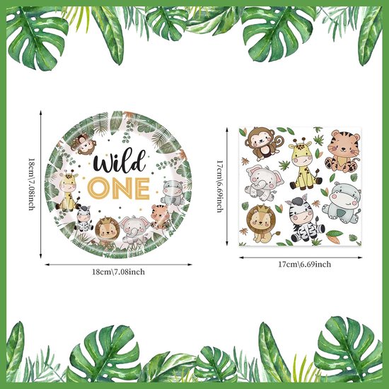 Safari partyserviesset voor 20 gasten, Wild One verjaardagsdecoratie, feestservies, kinderverjaardag, jungle, safari, feestborden, kinderverjaardag, servetten, verjaardagsdecoratie — afbeelding 2