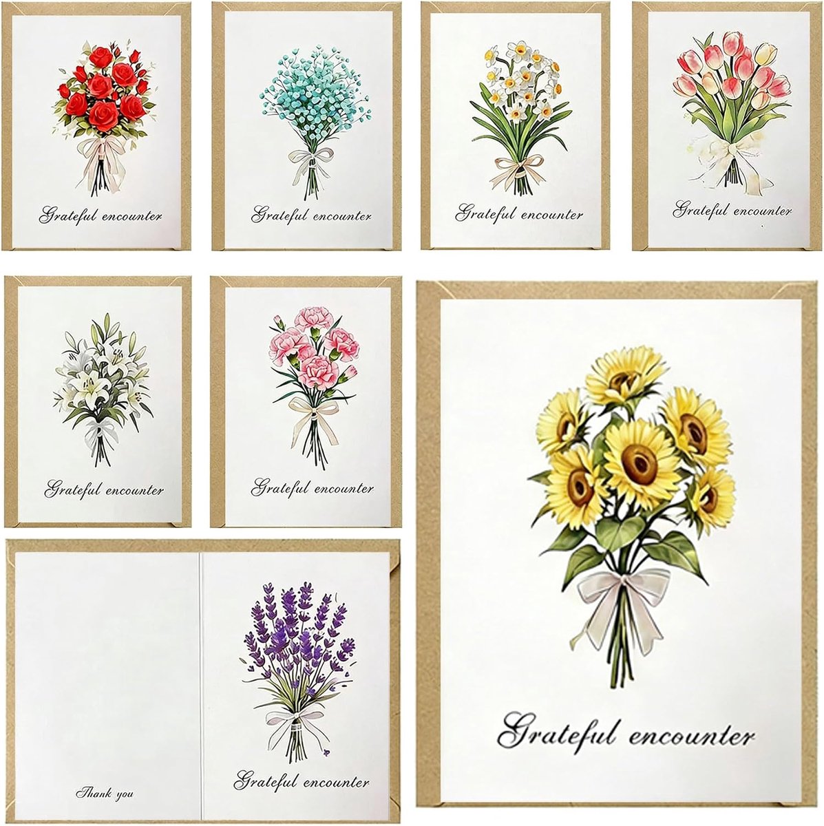 Set van 8 bedankkaarten met enveloppen en stickers, bloemenboeket-motief, vouwkaarten voor bruiloft, verjaardag, doop, afscheid, wenskaarten, blanco binnenkant