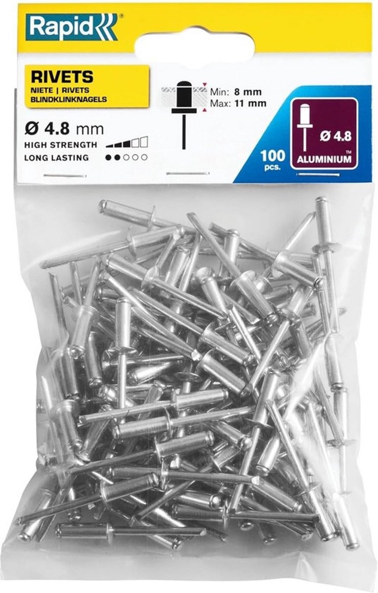 Set van 100 Aluminium Blindklinknagels Ø 4,8mm - Klembereik 8-11mm voor Klinknageltang