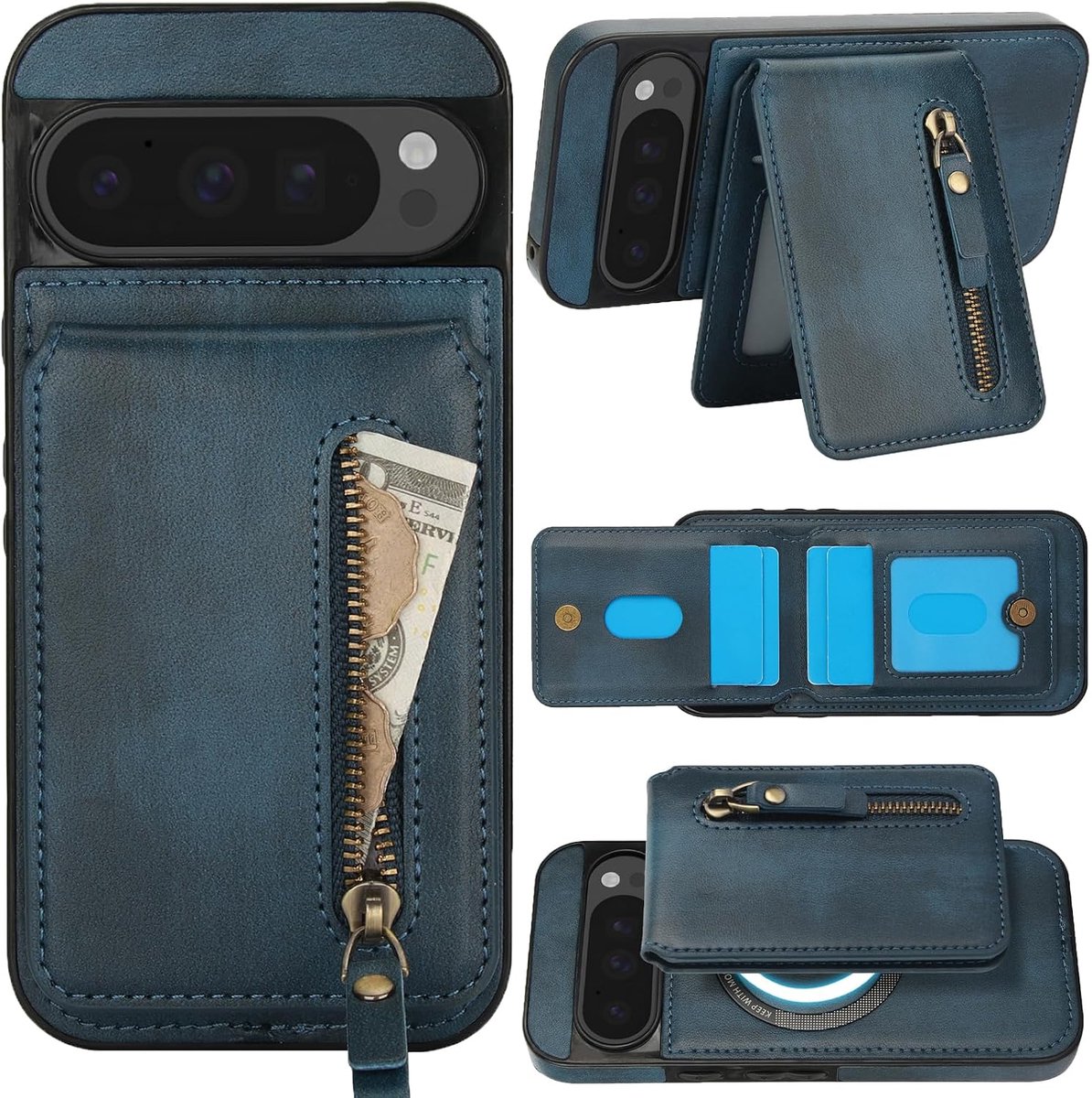 Hoesje voor Google Pixel 9/ Pixel 9 Pro, 2-in-1 rits afneembare portemonnee met standaard, magnetisch PU-lederen schokbestendig hoesje voor Google 9 Pro-ZYL blauw