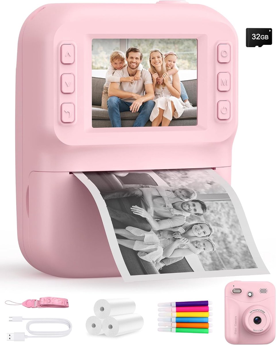 instant camera, 1080p HD-instantcamera voor kinderen, met 32 GB kaart en 3 rollen fotopapier, 48MP instantcamera met 180° draaibare lens, cadeaus voor 3-12 jaar, blauw (roze)