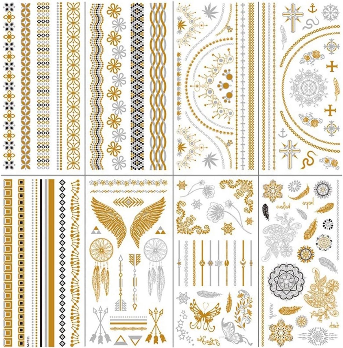 Tijdelijke tatoeages, opplakken, 8 vellen, 110+ goud, flash, glitter, goud, metallic festivalaccessoires, feestaccessoires, voor vrouwen en meisjes, huid, kleeftatoeages voor volwassenen