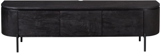Zwart houten tv-meubel met gebogen voorkant en drie lades, staand op slanke metalen pootjes.