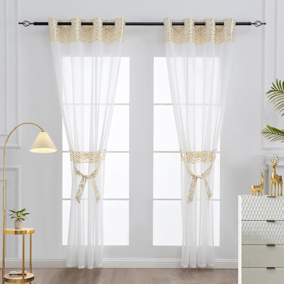 Kerstgordijnen goud wit met oogjes kort woonkamergordijnen goud wit set van 2 gordijn sjaals oogjes gordijn transparante oogjegordijnen voor slaapkamer eetkamer raam 140 x 160 cm kort