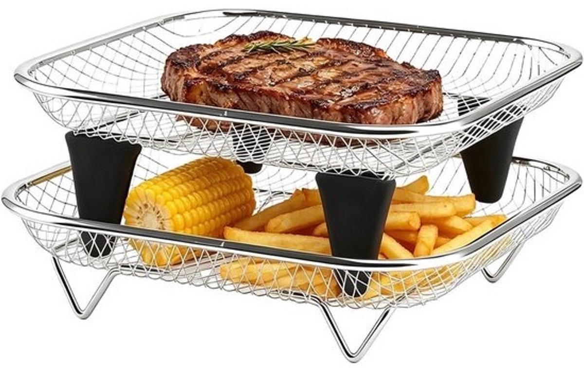 Airfryer Lade - Stapelbaar Dienblad - Meer Koken - Roestvrij Staal - 2-delig Set - Zilver