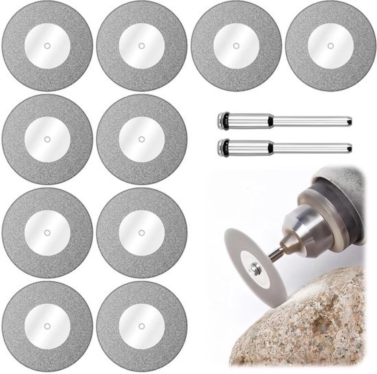 Diamantslijpschijven 40 mm - 10 stuks + 2 houders voor glas en keramiek, geschikt voor sieraden en modelbouw