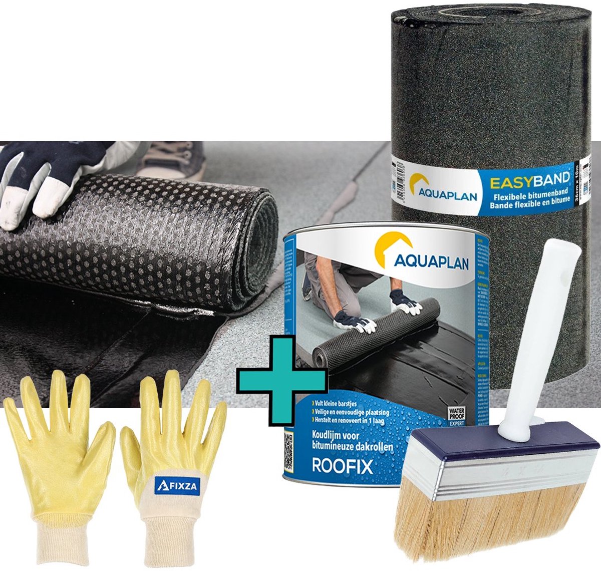 AQUAPLAN Easy-Band Flexibele Bitumenband – set met Roofix 2 kg – Waterdichte Reparatieband voor Dak, Dakrand, Schoorsteen en Muur – 10 m x 18 cm