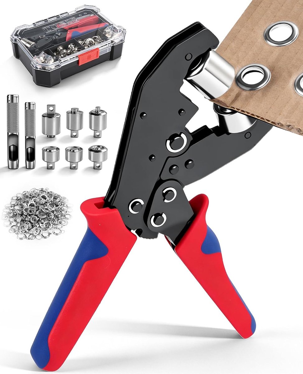 Oogtangset met verwisselbare inzetstukken, gatentang, oogpers met opbergdoos en 400 ogen (Ø6/10 mm elk 200 stuks), handooggereedschap voor dekzeilen, pvc, leer, stof, karton