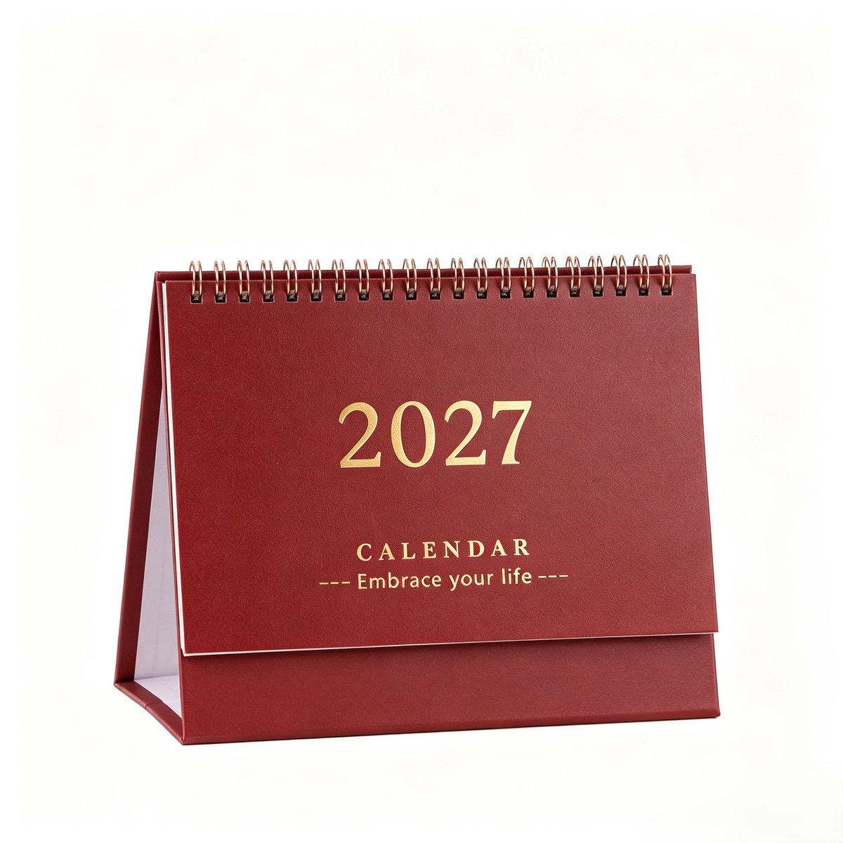 Bureaukalender 2026-2027 - Staande Flipkalender met Metalen Ringband - 18 Maanden van Juli 2026 tot December 2027 - 19x16 cm - Voor Thuis, Kantoor en School - 1 Stuk (Wijnrood)