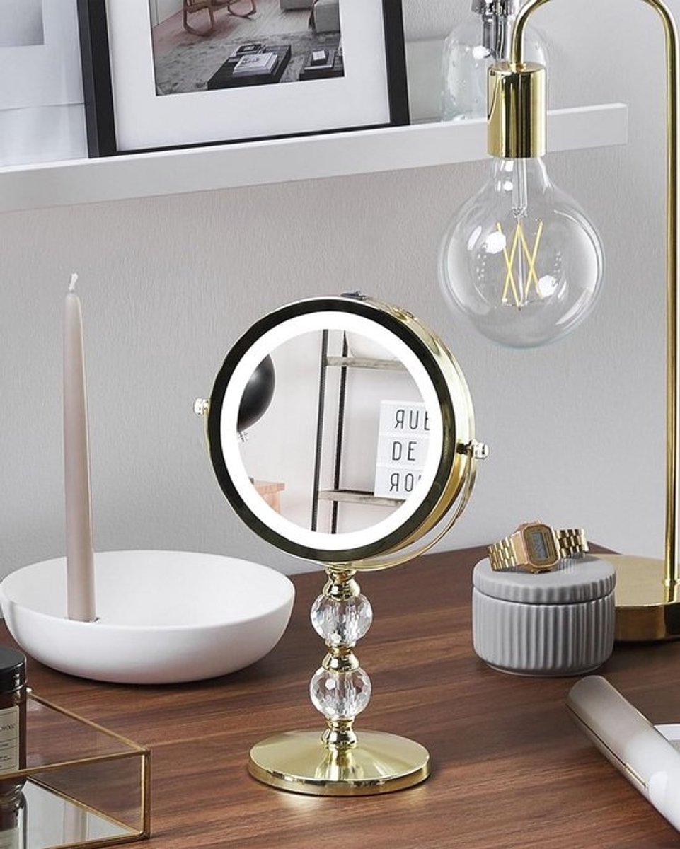 LED Make-up Spiegel Rond Dubbelzijdig 1x/5x Vergroting met Gouden IJzeren Frame