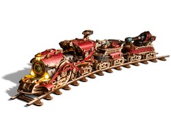 HowCat Fantasy Steampunk Train (2026) (Cherry Red) - 3D Houten Puzzel Steampunk Bouwpakket met LED - 800 Stuks – DIY Modelbouwpakket – Houten Bouwpakket – Houten Trein – Decoratief & Educatief – Kerst Sinterklaas Cadeau voor Kinderen en Volwassenen