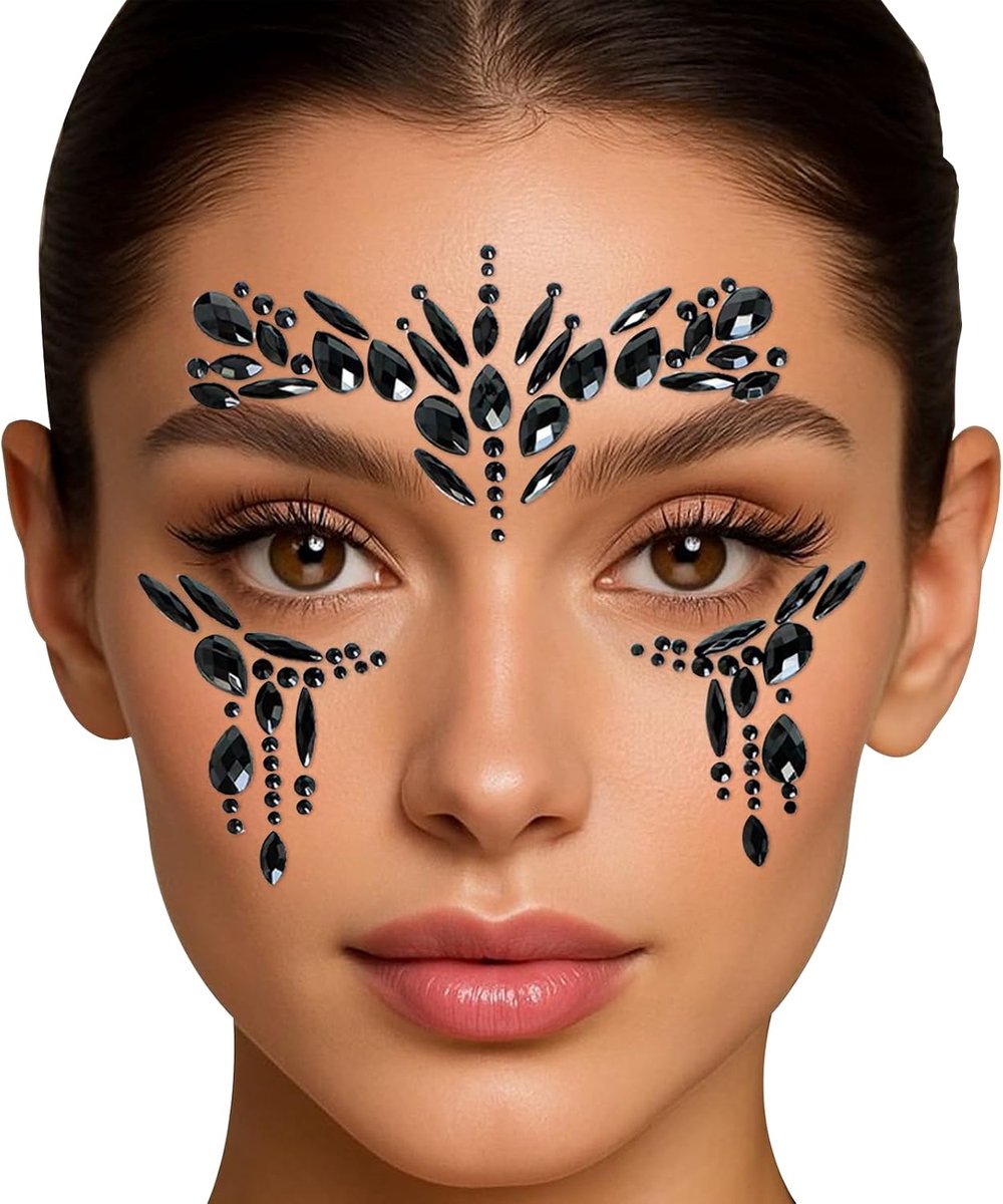 4pcs Edelsteen Temporare Tattoos, Glitzer Gesicht Festival sieraden, Glitzersteen Steen Make Up Gesicht voor Musikkarneval, voor Festivals passen sich für Halloween (zwart)