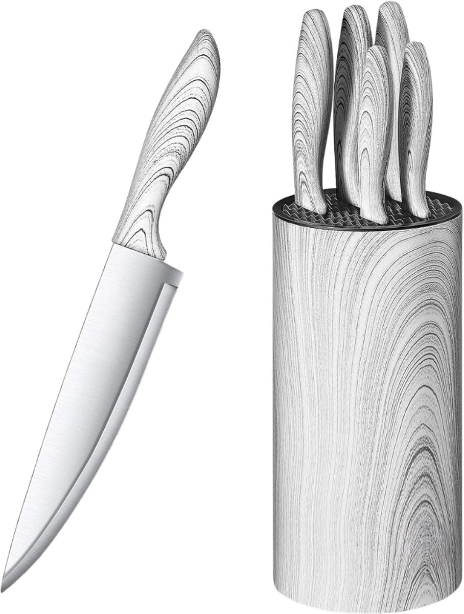 Verte - Keukenmessenset met Blok - 6 Stuks - Met Afneembare Ronde, Rechtopstaande Mescilinder - Messenset Met Handgrepen Met Marmerpatroon - Modern En Stijlvol - Gemakkelijk Schoon Te Maken En Te Drogen