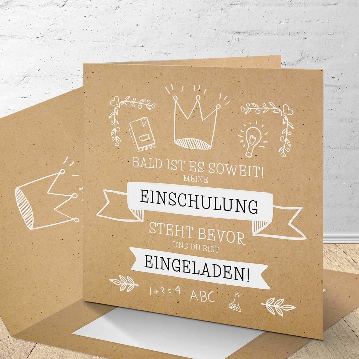 8 uitnodigingskaarten voor de eerste schooldag met bijpassende enveloppen, uitnodigingskaarten voor de eerste schooldag in een set van 8 "kroon"-design.