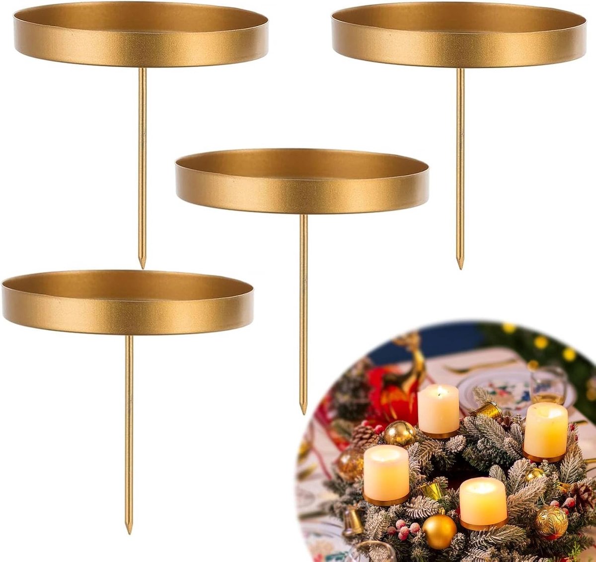 Kaarsenhouder adventskrans set van 4, metalen kandelaar goud 8 cm, adventskranshouder met doorn stompkaarsenhouder, kaarsenbord, adventskaarsen, adventskranshouder kerstdecoratie