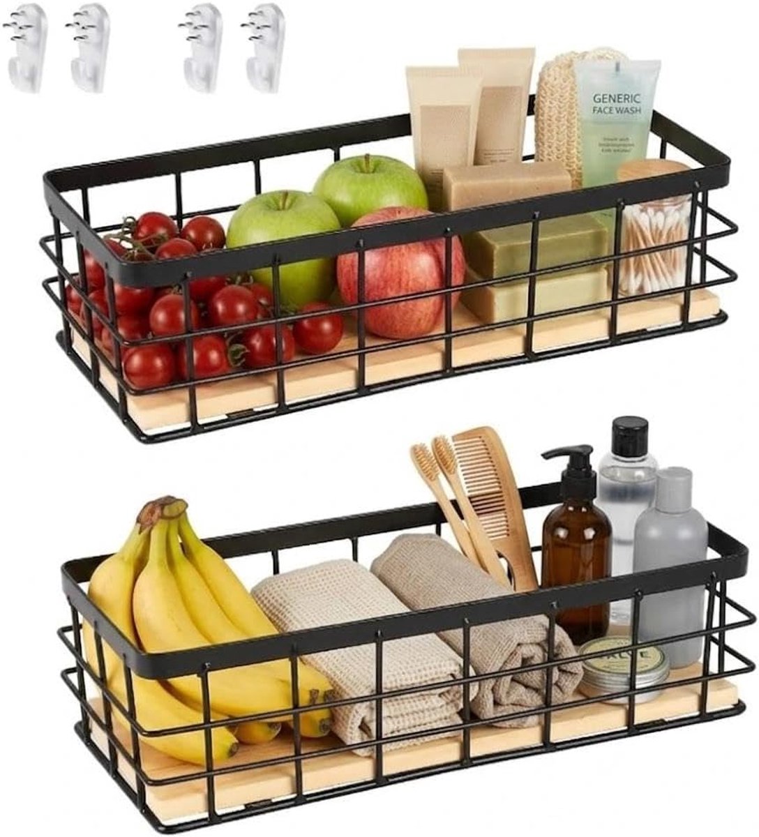 Metalen mand, zwart, decoratieve manden, huishouden, wandmand, metaal, badkamer, opbergmand, metaal,houten sokkel voor fruit, snacks, keuken, eetkamer (2 stuks)