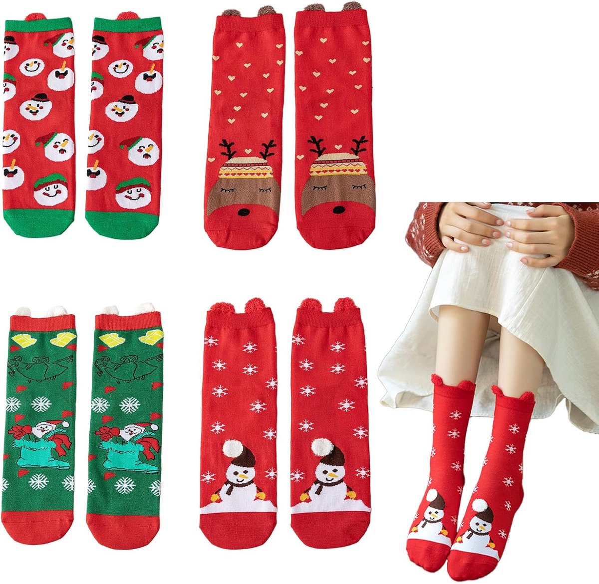 Sokken voor dames, cadeau, 4 paar, kerstsokken met diermotieven, kerstman, rendier, origineel cadeau-idee voor dames, vrouw, meisjes, feestelijke Franse stijl