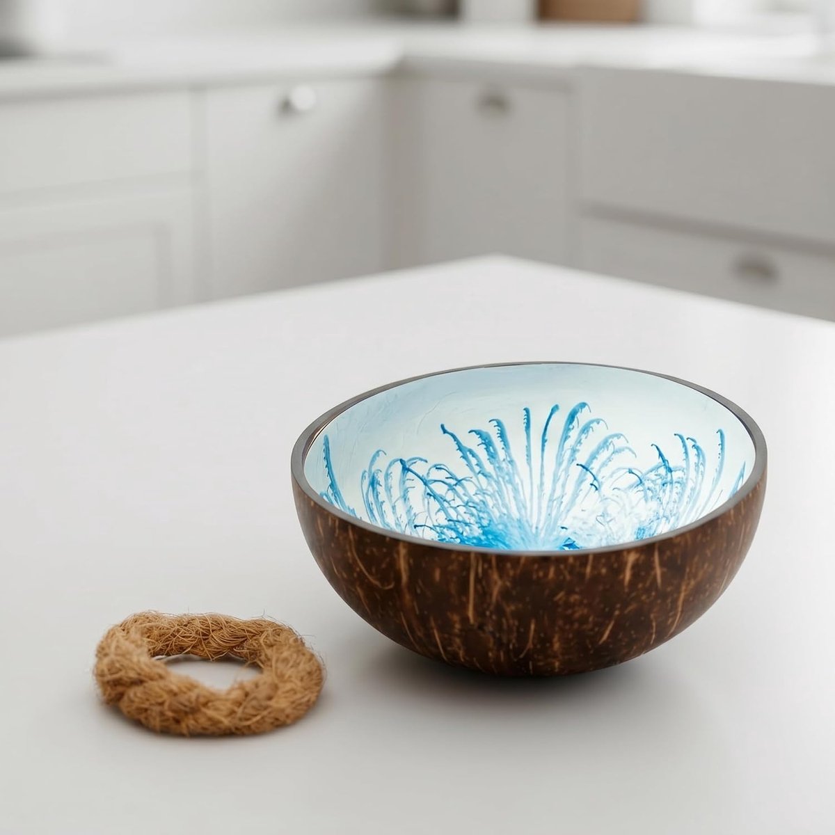 Cocovibes Decoratieve kokosnoot schaal / diameter ca. 13 cm / kokosnoot schaal voor sleutels schelpen & decoratie / elke decoratieve schaal is uniek / kom rond gelakt blauw wit