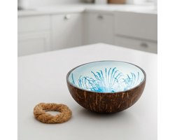 Cocovibes Decoratieve kokosnoot schaal / diameter ca. 13 cm / kokosnoot schaal voor sleutels schelpen & decoratie / elke decoratieve schaal is uniek / kom rond gelakt blauw wit