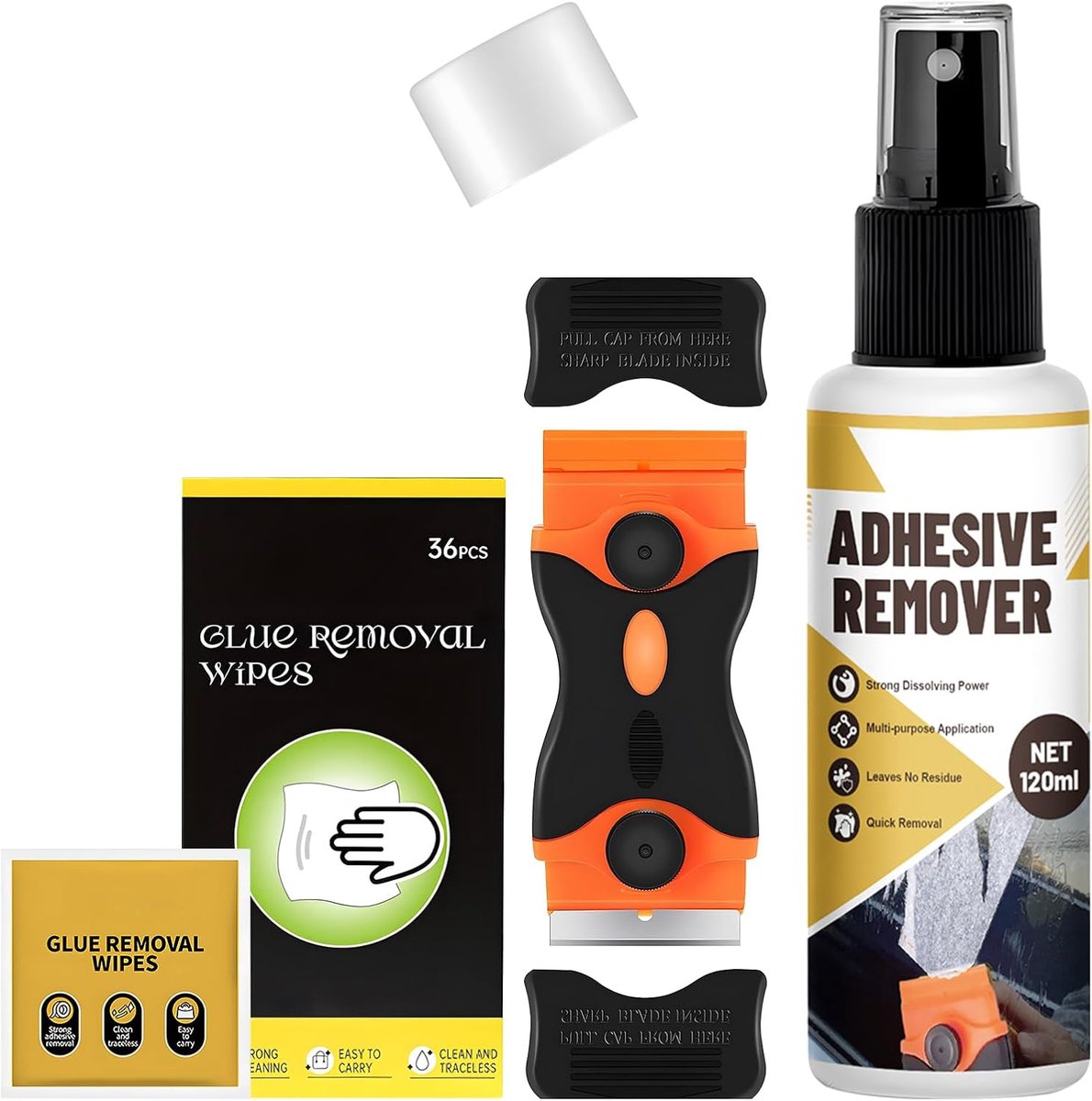 Lijmverwijderaar, secondelijmverwijderaar, labelverwijderaar, snel oplossen, lijmverwijderaar verwijdert snel hardnekkige etiketten, lijmresten -120 ml + 36 x lijmverwijderingsdoekjes