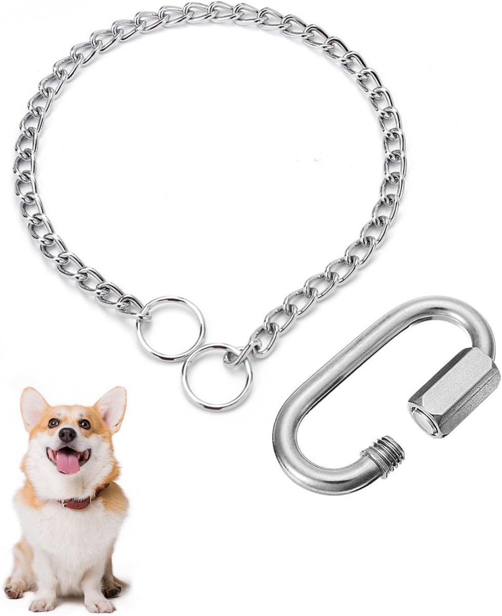1 x roestvrijstalen halsband voor honden, verstelbaar, 60 cm, met dubbele karabijnhaak, voor grote honden, training en wandelen