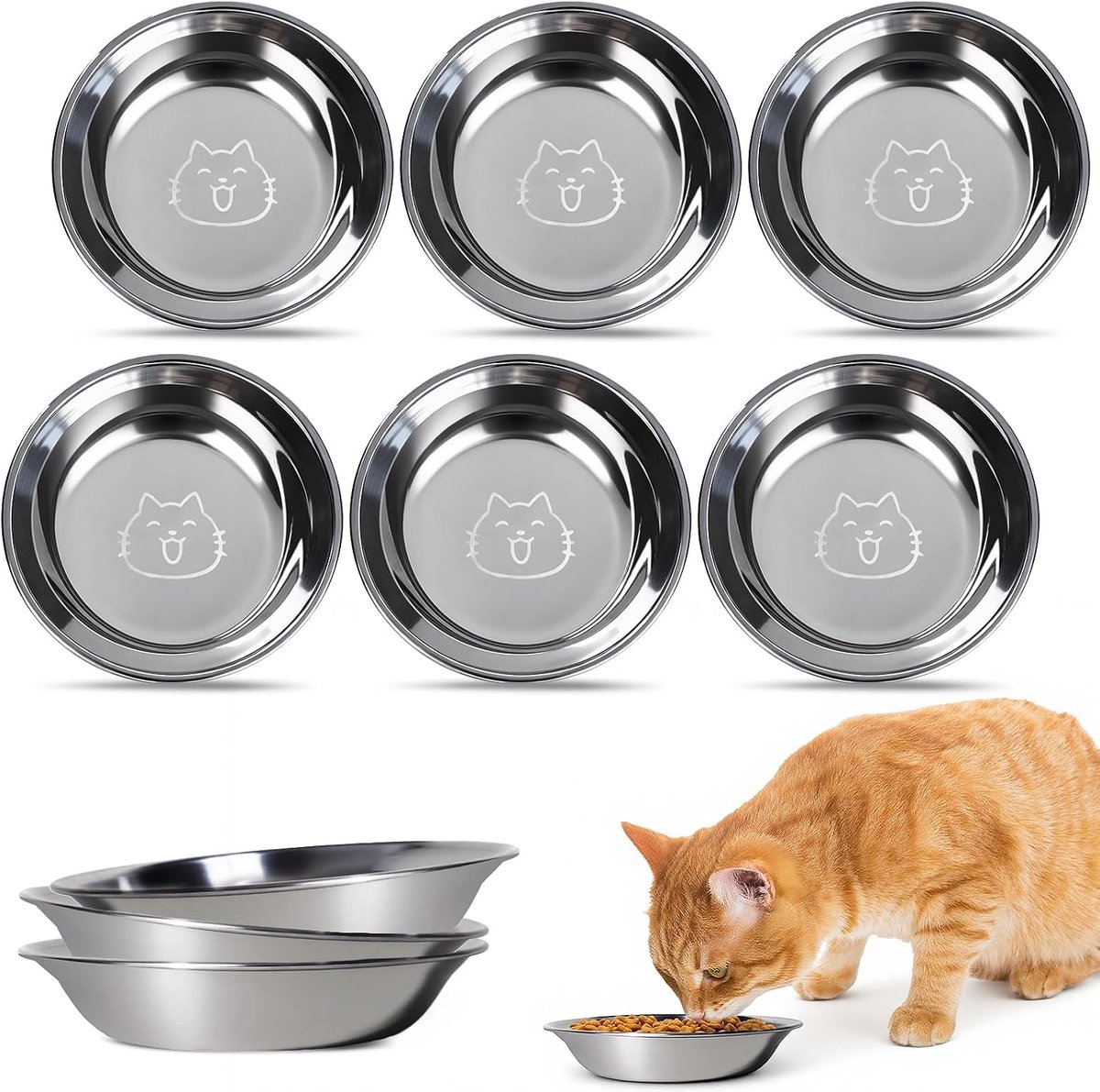 6 Stuks Valbestendige Kattenkom Roestvrij Staal 304 Materiaal, Anti-Snorvermoeidheid Kattenvoer Kom, Gemakkelijk Schoon te Maken Katten Voerbak, voor Katten en Kleine Honden, 14,5 × 3 cm