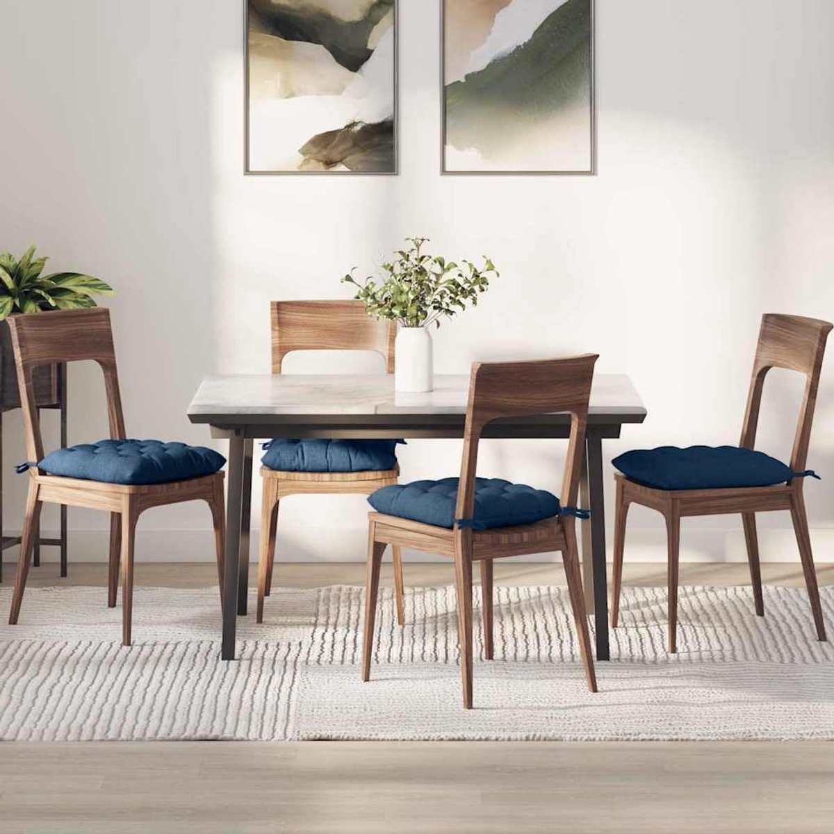 4 stuks zitkussenhoezen, blauw, 40 x 40 x 6 cm, stoffen kussenslopen met polyestervulling en bindbanden voor stoelen en zitmeubels