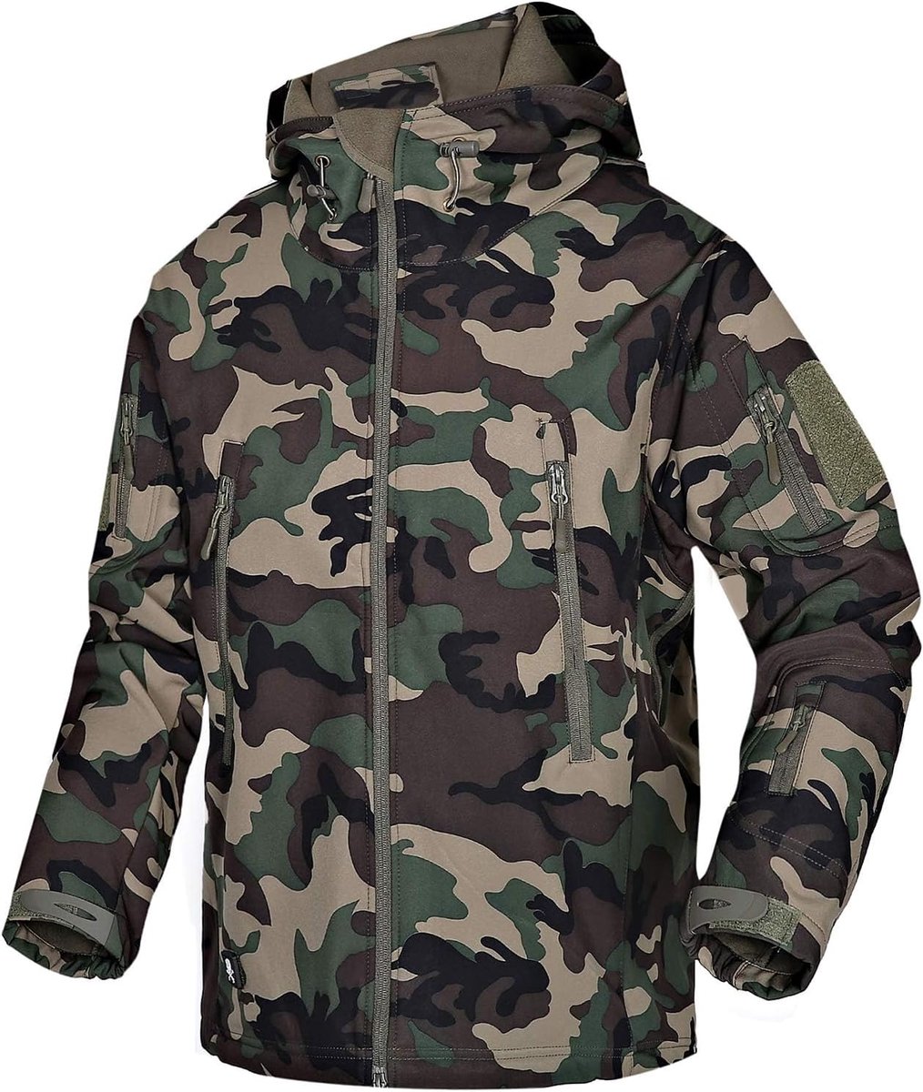 Softshell lichtgewicht jas met volledige rits, outdoor ski militaire fleece jassen met meerdere zakken voor mannen, Camouflage-groen, 3XL