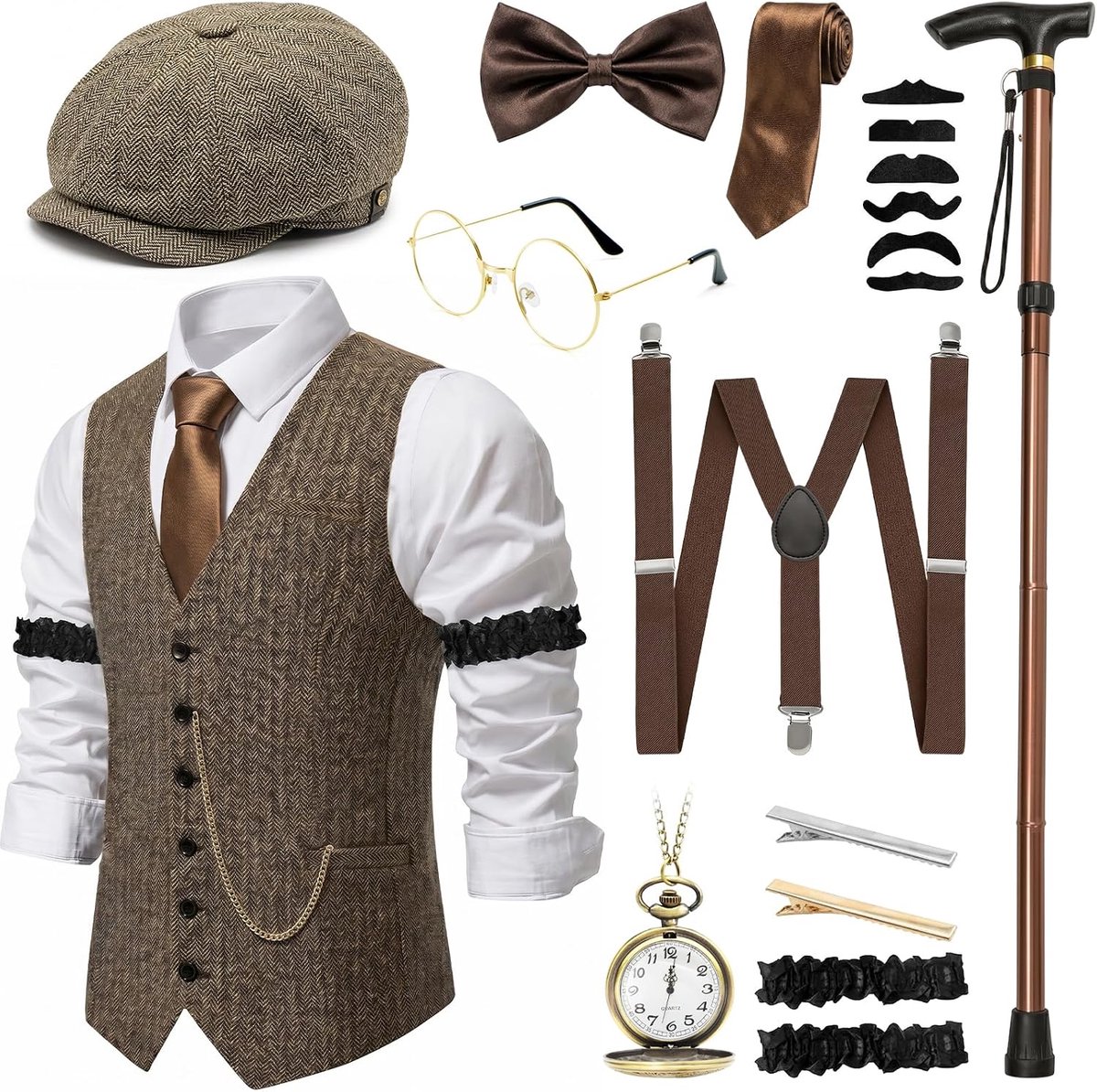 Retro jaren 20 gentleman kostuumset met vest, hoed en accessoires voor carnaval, carnaval en themafeesten
