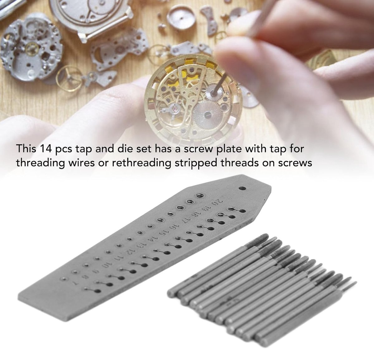 14-delige tap- en Matrijzenset, 0,7 Mm-2 Mm Metalen Miniatuur tap- en Matrijzenset, Juweliers Horlogemakers Tapmatrijs voor Sieraden Maken Horlogereparatie, Draad Miniatuur