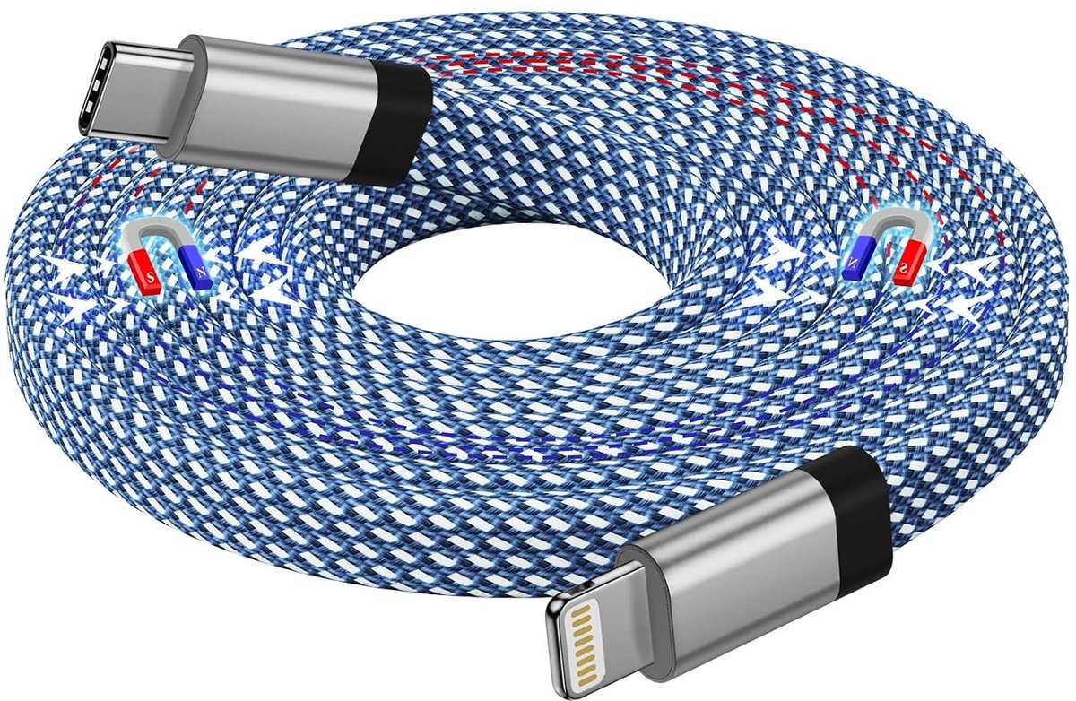 Magnetische USB C naar Light-ning-kabel, 1,5 m, iPhone USB C platte kabel, MFi-gecertificeerd, oprolbare snellader van nylon, voor iPhone 14, 13 Pro, Max, 12, 11, XR, XS, X 8 Plus SE