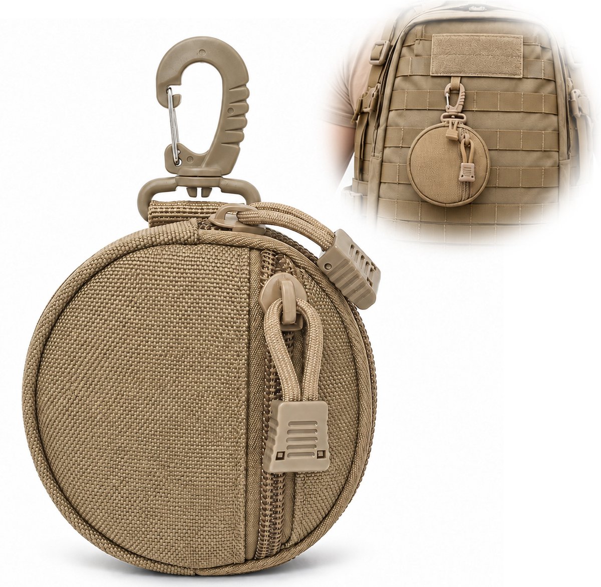 Kleine Tas - Kleine Opbergtas Accessoires - 600D Oxford Coin Purse Keychain - Rond Formaat voor Oortjes, Sleutels en USB - Geschikt voor Broekriem of Rugzak - 11x2cm - Kaki