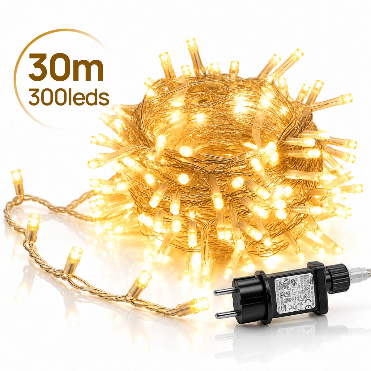 Lapamax LED Lichtsnoer - Kerstverlichting 30 m 300 LEDs Warm Wit - Zonder Tail Plug - 31 V Laagspanning met Timer, Geheugen en 8 Lichtstanden - Kerstboomverlichting met Adapter en 3 m Aanloopsnoer