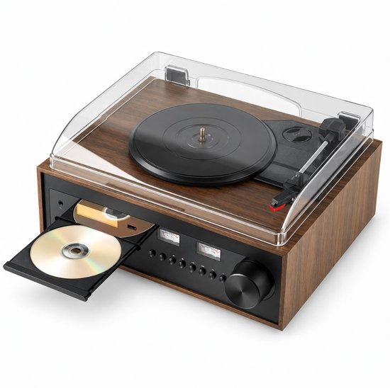 Levo® Platenspeler met CD Speler - Platenspeler Retro - CD Speler met DAB en FM - Inclusief Bluetooth - Donkerbruin - 37 x 12 x 30 cm — afbeelding 4