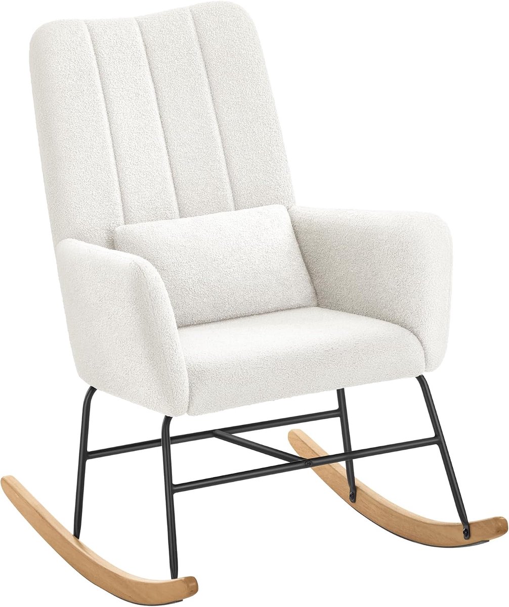 Schommelstoel met Armleuningen Relaxstoel met Fleece Bekleding Stalen Frame Rubberhouten Poten Draagvermogen 160 kg -Crème Wit.