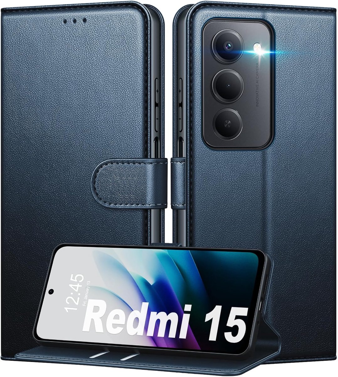 Beschermhoes voor Xiaomi Redmi 15 4G/5G, boekstijl, PU-leer, schokbestendig, RFID-blokkering, standfunctie, kaartsleuven, blauw