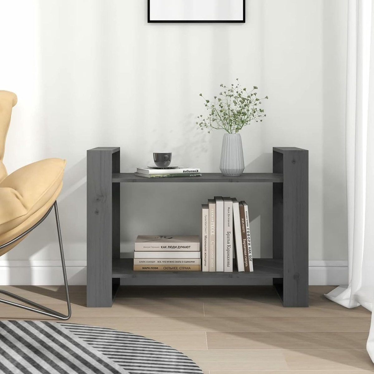 Boekenkast/scheidingswand, grijs, boekenkast, cd-rek, ruimtebesparend rek, voor woonkamer, 80 x 35 x 56,5 cm, van massief grenen