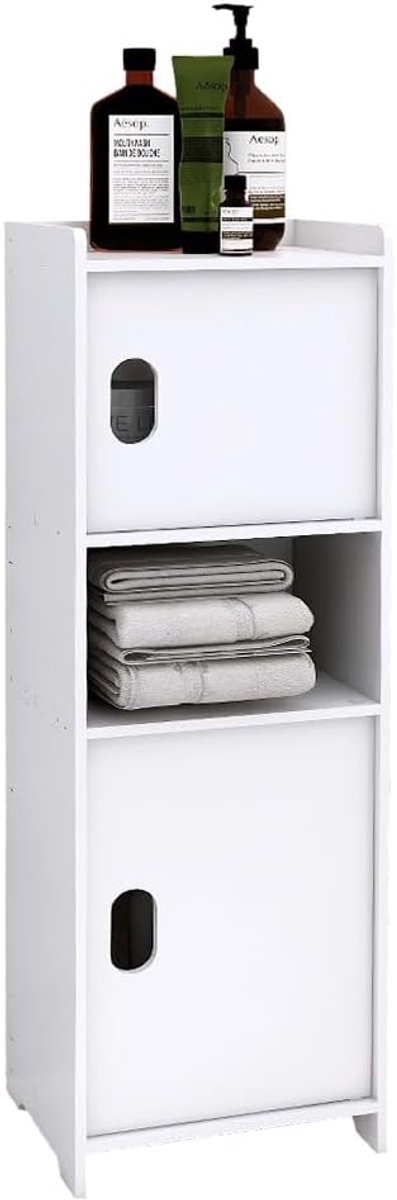 Badkamerkast, kleine opbergkast voor toilet, wc-kast met deur voor wc-borstel, badkamermeubel op houten poten, 24 x 20 x 72 cm, wit