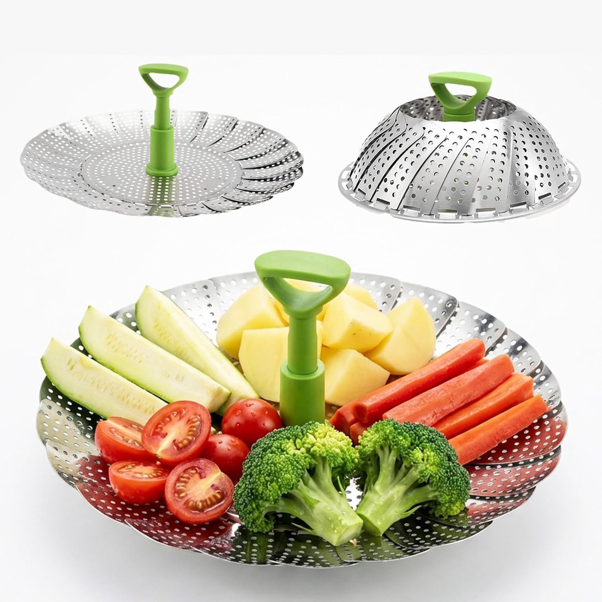 Stoominzet met handvat, stoominzet voor pan, instelbaar stoominzet (18-27,5 cm), roestvrij staal, opvouwbaar, groentestomer, voor groenten, zeevruchten, vis