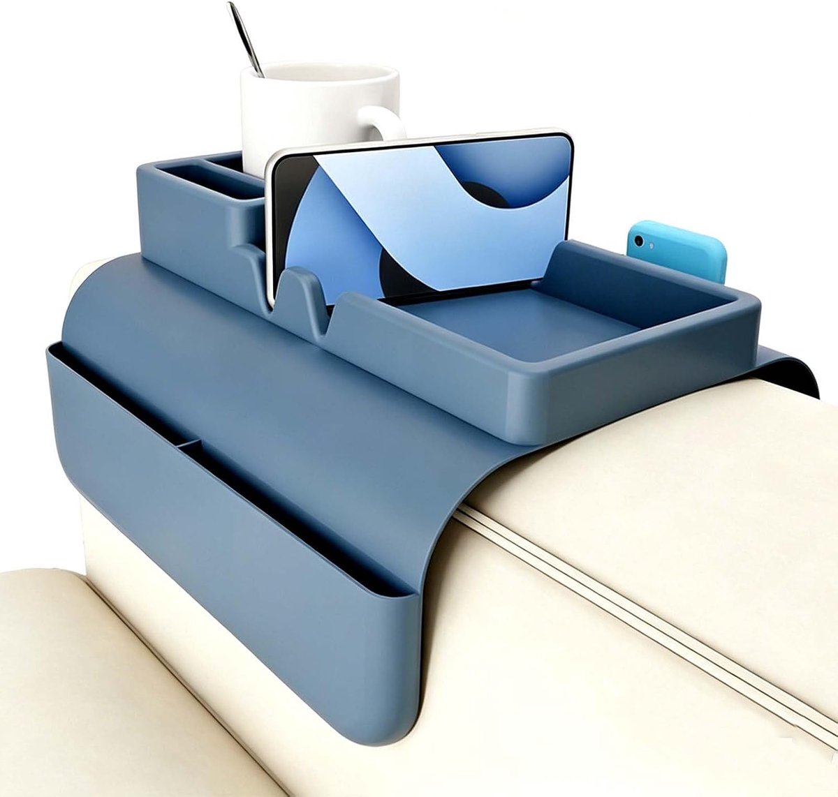 Bankdienblad met 5 vakken, afstandsbedieningshouder van siliconen, multifunctionele bankbekerhouder, organizer voor armleuningen, snacks, kopjes, telefoon, tablet (blauw)