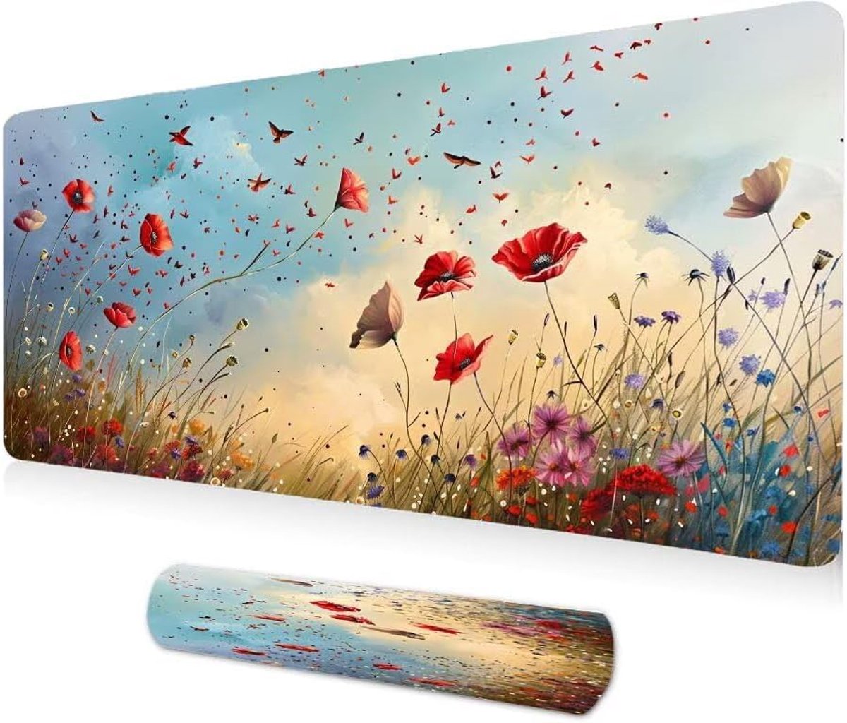Vogel bloemen grote bureauonderlegger 1000 x 500 x 3 mm bureaubeschermer mat met anti-slip basis, muismat met naden aan de randen, voor gaming, kantoor, decoratie, cadeau A-289