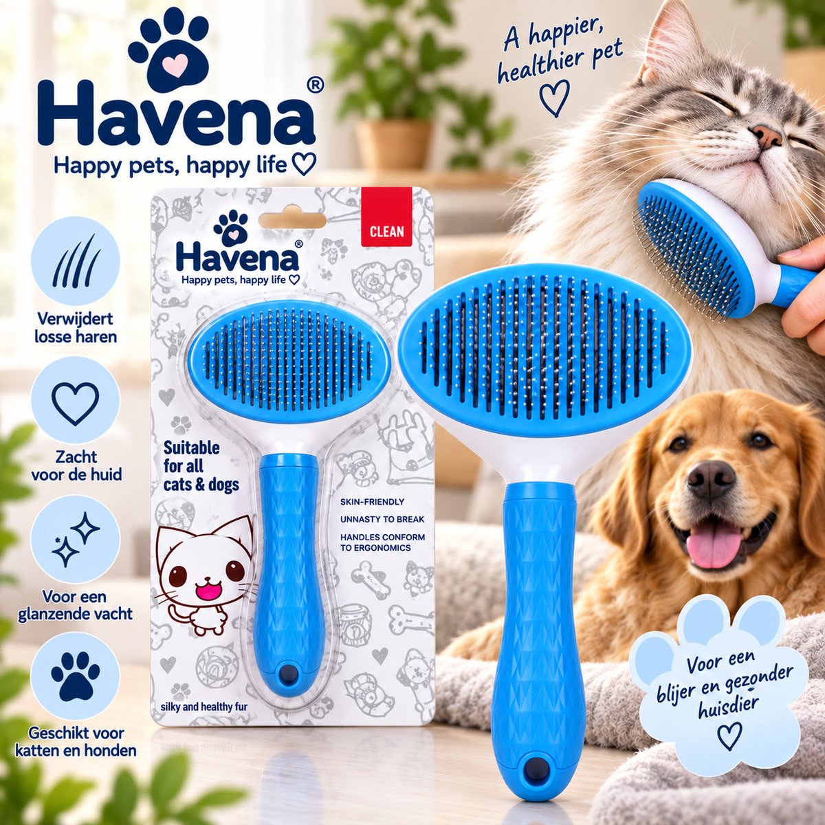 Havena Honden- en Kattenborstel – Verzorgingsborstel voor Losse Haren – Zacht voor Huid en Vacht – Blauw
