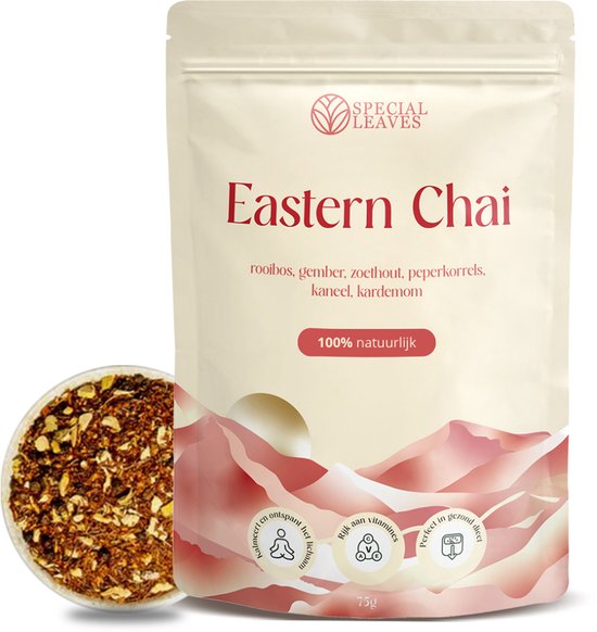 Een zakje Eastern Chai thee van Special Leaves, met een afbeelding van de theemix.