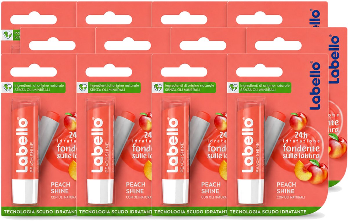 12 x Labello – Lippenbalsem – Fruity Peach Shine – Vegan - Voordeelverpakking - 12 stuks