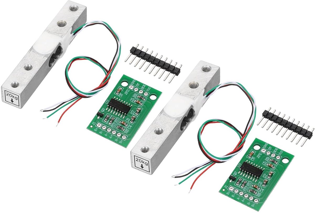 Set van 2 digitale belastingcel-gewichtssensoren, 20 kg + HX711-module, weegsensor, 24 bits precisie, A/D, dual-channel, 20 x 33 mm, voor doe-het-zelf draagbare elektronische