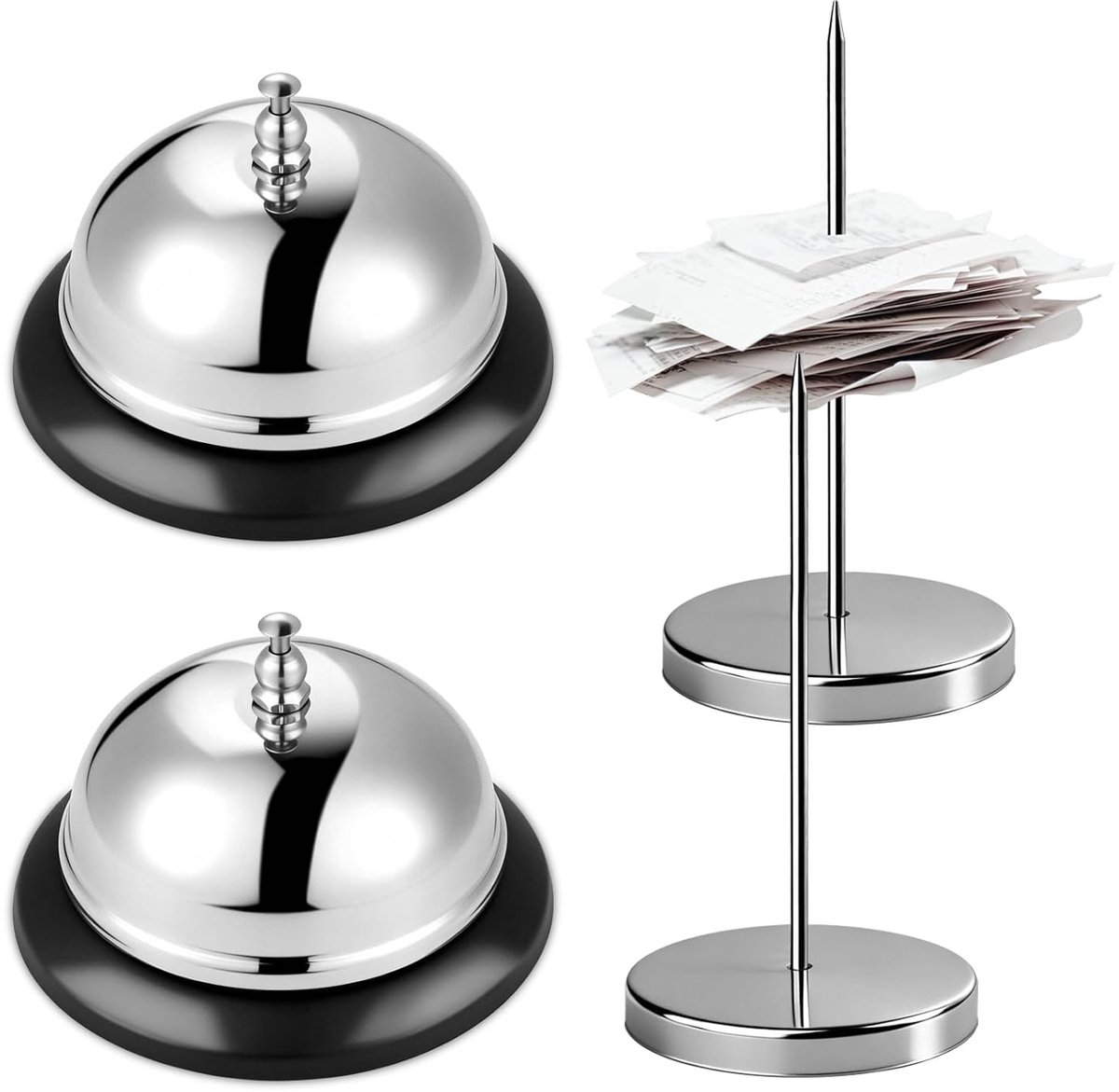 Set van 2 tafelbel en puntenspies, metalen tafelbel, receptiebel, roestvrij staal, notitiehouder, kwitantiehouder met ronde voet, 14 cm, voor hotels, restaurants, keukens, bars, kantoor