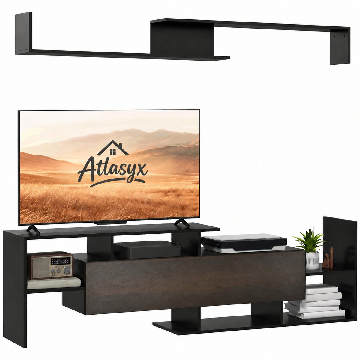Atlasyx tv meubel - Tv kast - Tv standaard - Tv meubel zwart - Opbergmeubel - 2 Wandplanken - 3-delige Set - 153,6 x 25 x 42 cm