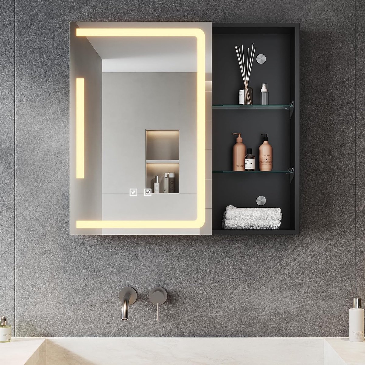 Led-badkamerspiegelkast met verstelbare plank en open opbergruimte, 65 x 60 cm, spiegelkast voor badkamer met verlichting en stopcontact, dimbaar, condensvrij, medicijnkastje