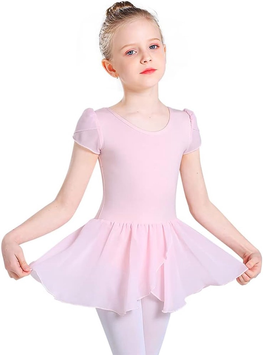 Balletkleding meisjes balletjurk korte mouwen dansjurk balletshirt van katoen met chiffon rok tutu 2-11 jaar 90-150 cm